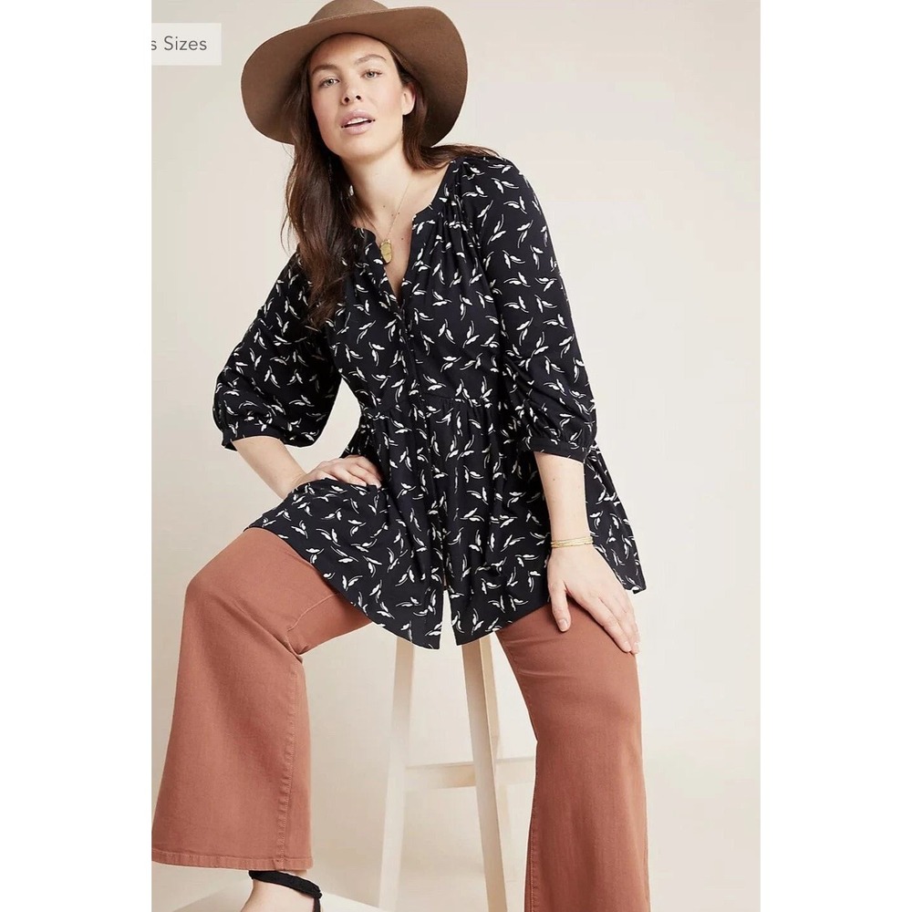Maeve Anthro Winona Babydoll Tunic Top Black Cotton 3/4 Sleeve Sz S Boho Flowy